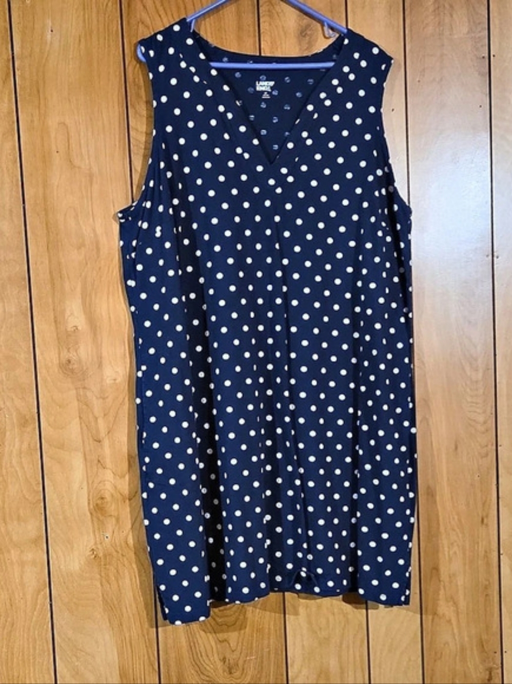 Lands' End Cotton Jersey Notch Neck Dress Polka Dot Mini Dress Blue & White 2X